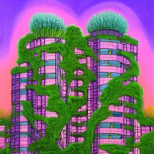 Image similar to Beautiful city of the future in harmony with nature. Plants on buildings. Nice colour scheme, soft warm colour. Beautiful detailed painting by Lurid. (2022)