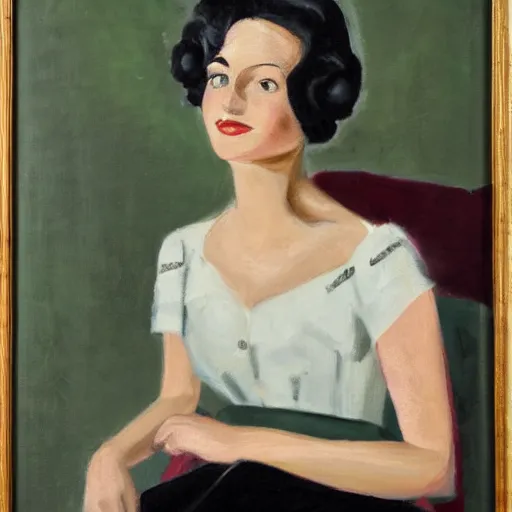 Image similar to a portrait of a young woman from the fifties, seated in front of a landscape background, her black hair is a long curly, she wears a dark green dress, pleated in the front with yellow sleeves, puts her right hand on her left hand, oil painting