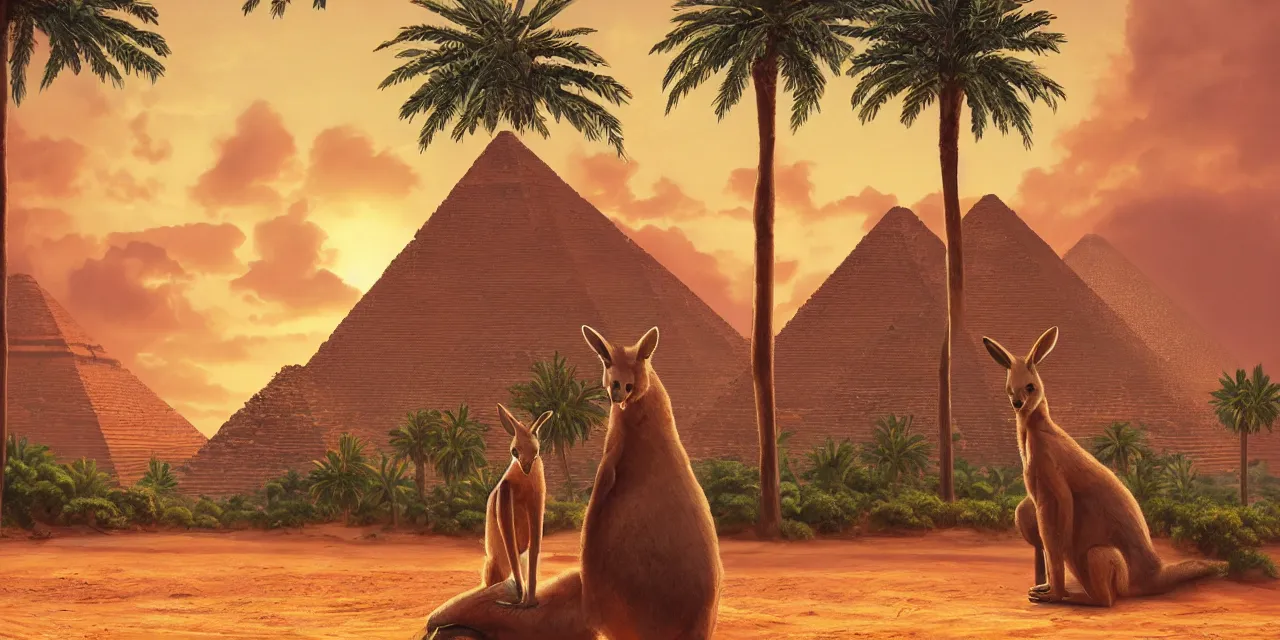 Prompt: a professional portrait, of an anthropomorphic kangaroo sitting outside of an ancient egyptian pyramid, tropical palm trees and eucalyptus trees everywhere, rocky desert cliffs in background, sunset, sunrays, cinematic lighting, ancient egyptian architecture buildings, detailed, artstation, omni magazine, orange sky,