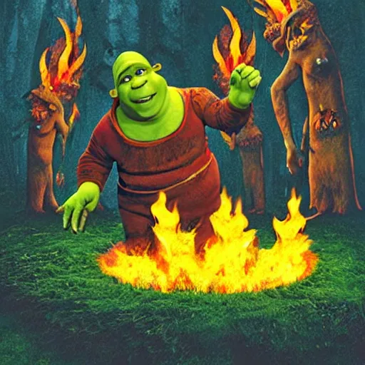 Image similar to shrek in hell, ominous, horror, flames, fire