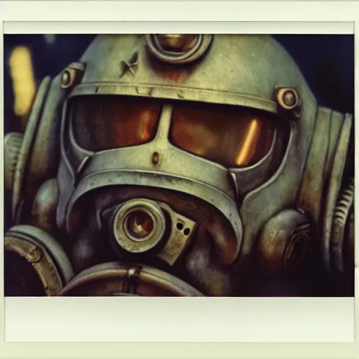 Image similar to polaroid hyper realistic fallout New Vegas brother hood of steel paladin in t-51b power armor by Tarkovsky