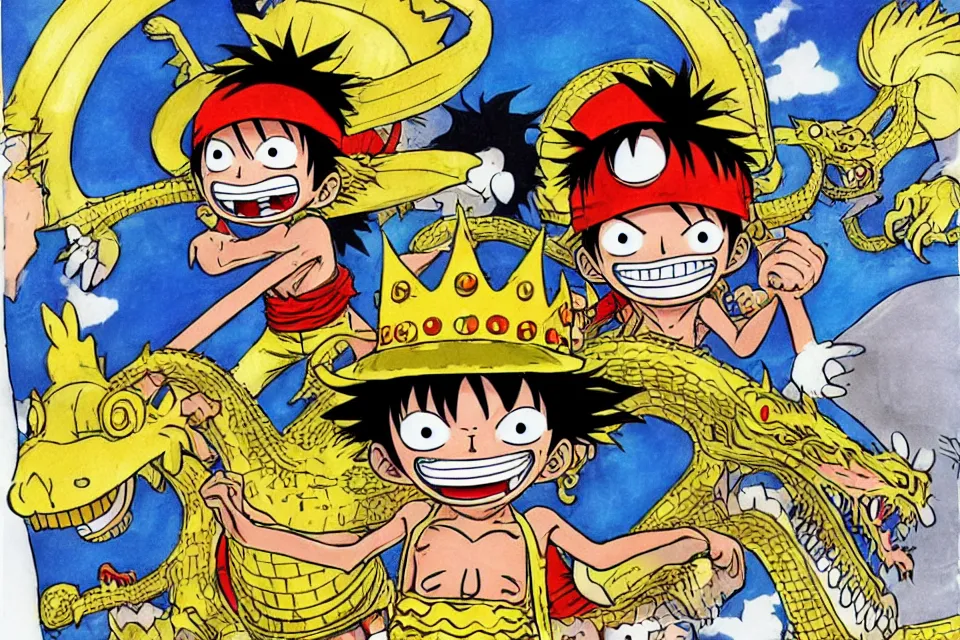 Image similar to concept sketches of luffy wearing a gold crown riding a large dragon by jamie hewlett, in the style of megaman, micro detail