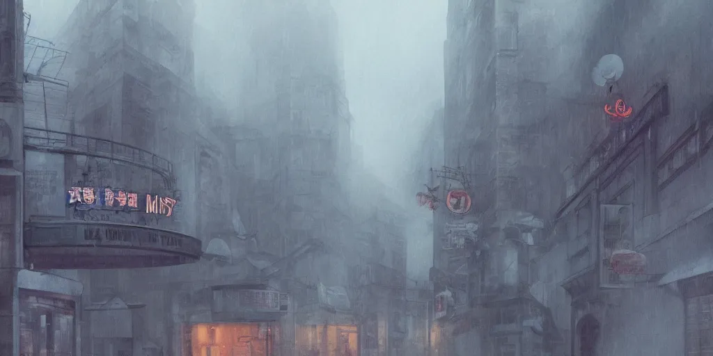 Image similar to an old cinema, foggy rainy day, matte painting, studio ghibli, artstation