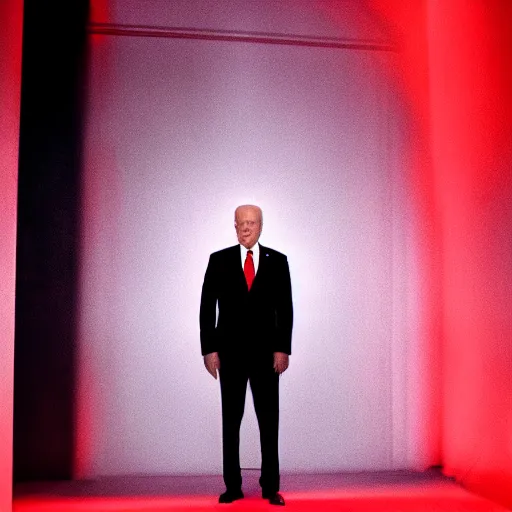 Image similar to Joe Biden standing in a room engulfed in red light, cinematic, bloom, breathtaking, illustration