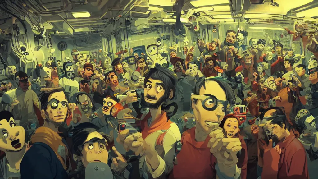 Prompt: selfie of a tight group of drunk hackers at a party in a highly detailed server room in a scifi movie, retrofuturism, by jamie hewlett, nuri iyem, james gurney, james jean, greg rutkowski, anato finnstark. pixar. hyper detailed, wide angle, perfect faces