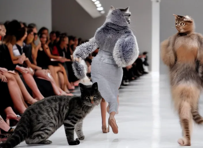 Prompt: fashion models on a catwalk, there is also a real cat there, fashion show photography, painterly, cnn, reuters, afp
