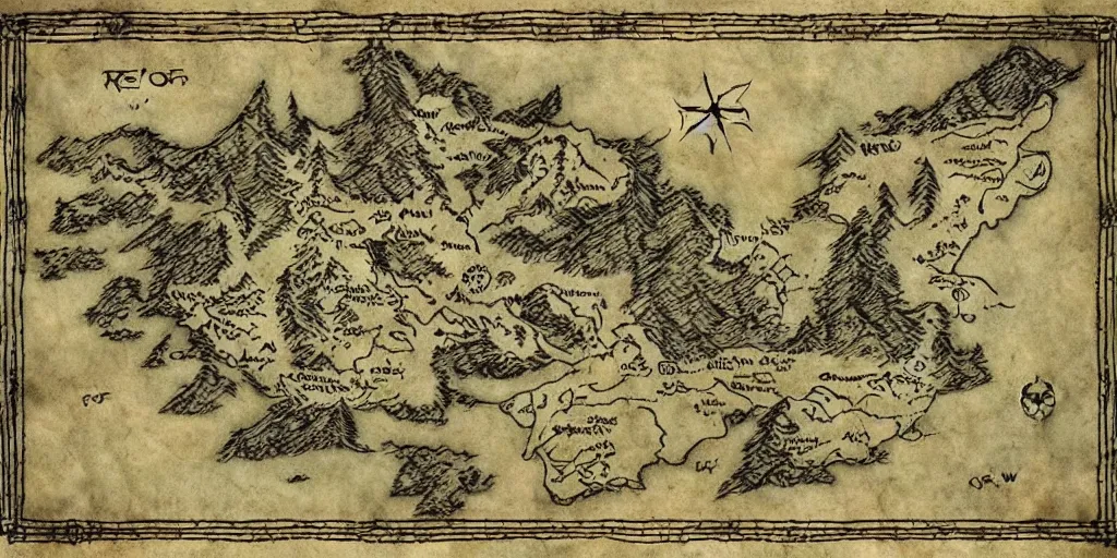 Prompt: Map of the realm of the wolf crew. Wolf face map. wolves. Ancient magic, medieval fantasy map, mountains, islands, forests. Map-style Skyrim, Lord of the rings map, zelda breath of the wild map, video game style, drawing on a parchment