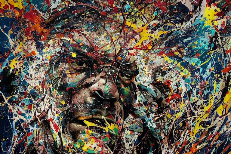 Image similar to a splattered action painting by jackson pollock showing Samuel L. Jackson from Pulp Fiction, ultradetailed, fine art painting, peter mohrbacher, moebius, skull carving, frottage, watercolor, acrylic, multilayered paint, spectacular splatter explosion, psychedelic art