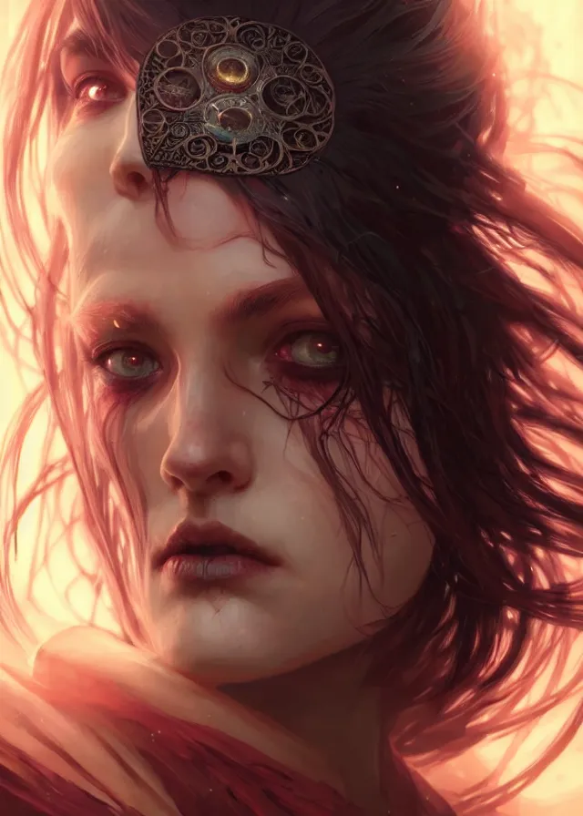 Image similar to Necromancer Sorceress face close-up macro in center, fantasy magic, undercut hairstyle, dark light night, intricate, elegant, sharp focus, illustration, highly detailed, digital painting, concept art, matte, art by WLOP and Artgerm and Greg Rutkowski and Alphonse Mucha, masterpiece