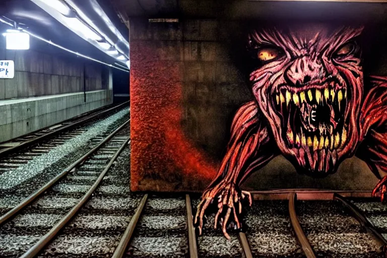 Prompt: very large giant mutant zombie irradiated ( angry rat ) staying on railways in tonnel of moscow subway. tonnel, railways, giant angry rat, furr, fangs, very realistic. extreme long shot, rusty colors, ( herman nitsch, giger ), anish kapoor.