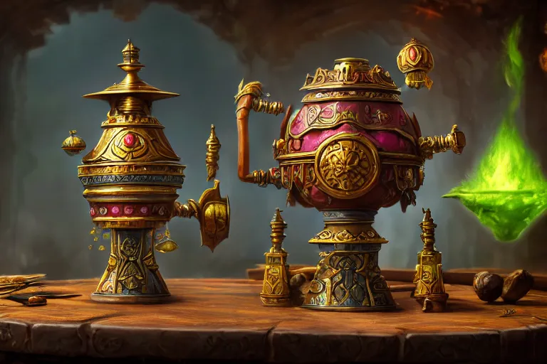 Image similar to a very detailed concept art of warcraft samovar, trending on artstation, digital art, 4 k, hyper realistic, octane render, sharp focus