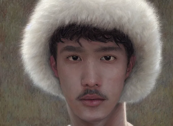 Prompt: man with face made out of white fur, exterior airport, portrait face, in the style of jeremy enecio, intricate, miles johnston, monet, cynical realism, john william godward, painterly, yoshitaka amano, miles johnston, louise zhang, pekka halonen, finnish naturalism, realism