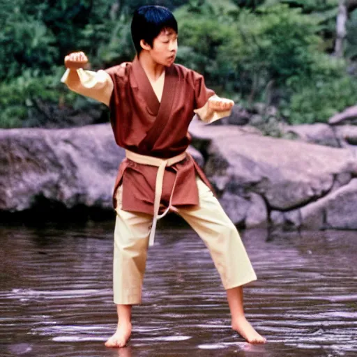 Image similar to miyagi from karate kid teaching daniel how to catch a frog with chopstick, cinematic, photo, still frame