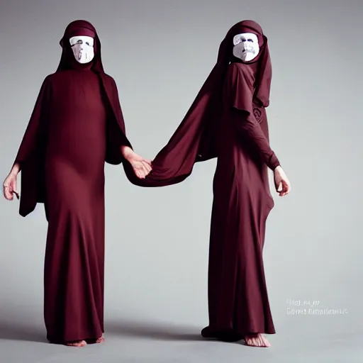 Image similar to terrifying photo,two Hovering twin nuns, wearing pointed hoods, buxom chested, blindfolded, wearing translucent veils, see through dress, Very long arms, bedroom, wood door, eerie, frightening, highly detailed, photorealistic, colorized —width 1024 —height 1024