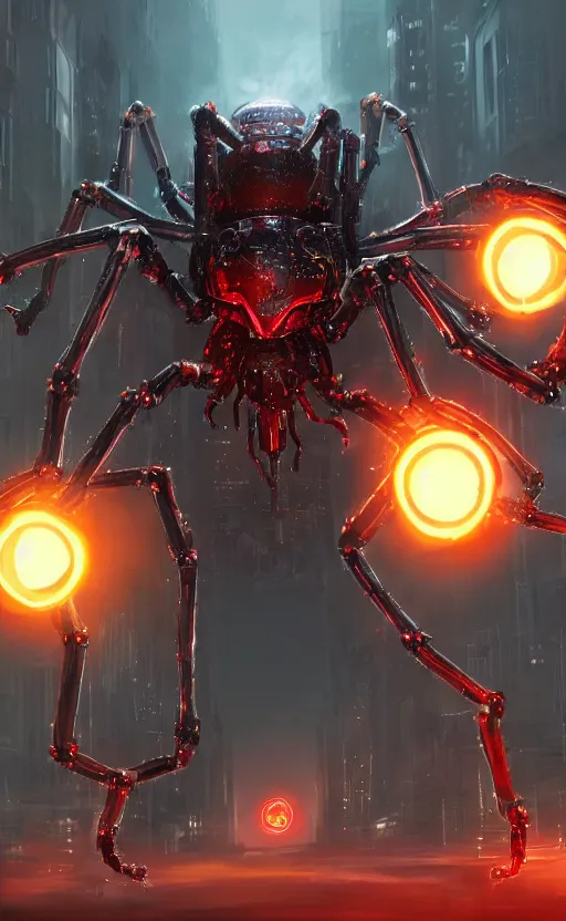 Image similar to a robot humanoid spider in a city, with 4 arms with claws, glowing red eyes, in a black carbon and red fiber armor, smiling creepily, dynamic lighting, photorealistic fantasy concept art, trending on art station, stunning visuals, creative, cinematic, ultra detailed