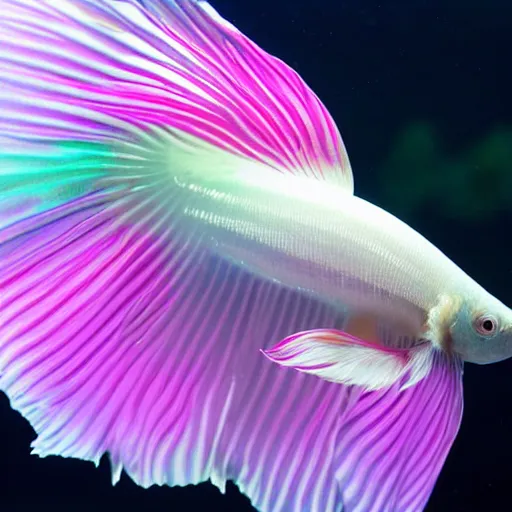 Prompt: a graceful iridescent white betta fish with long swirling fins, black-water-background, aquarium-photo