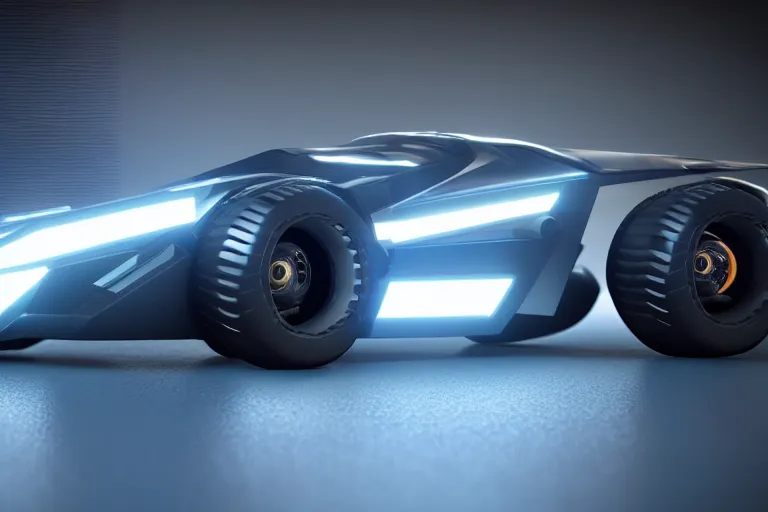 Image similar to cyberpunk batmobile concept inspired sports car, futuristic look, highly detailed body, very expensive, photorealistic camera shot, bright studio setting, studio lighting, crisp quality and light reflections, unreal engine 5 quality render