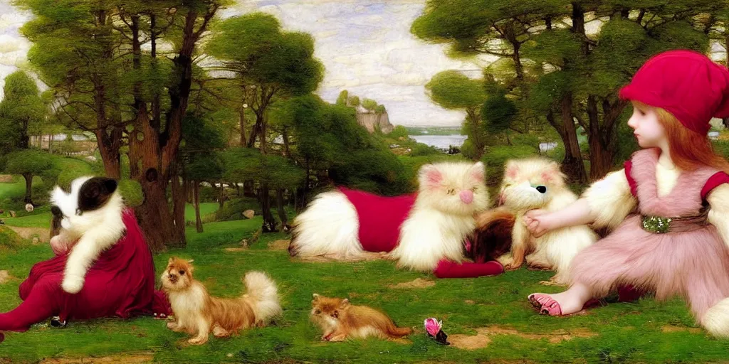 Image similar to 3 d precious moments plush animal with realistic fur and an olive green / dark red / fuchsia / off white color scheme, landscape, master painter and art style of john william waterhouse and caspar david friedrich and philipp otto runge