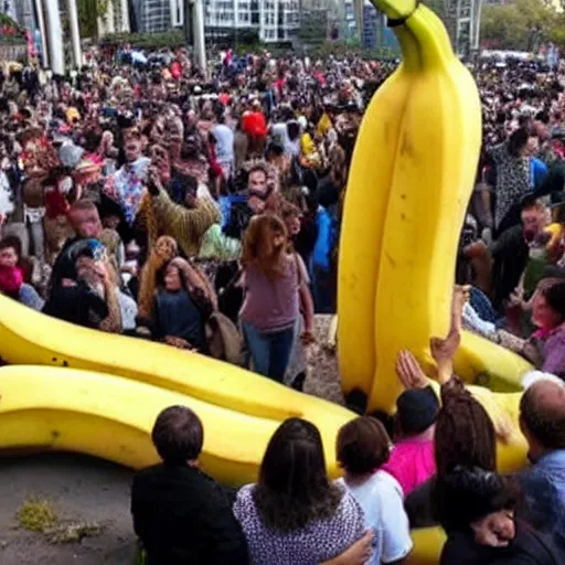 Image similar to a crowd of people worshipping a giant banana