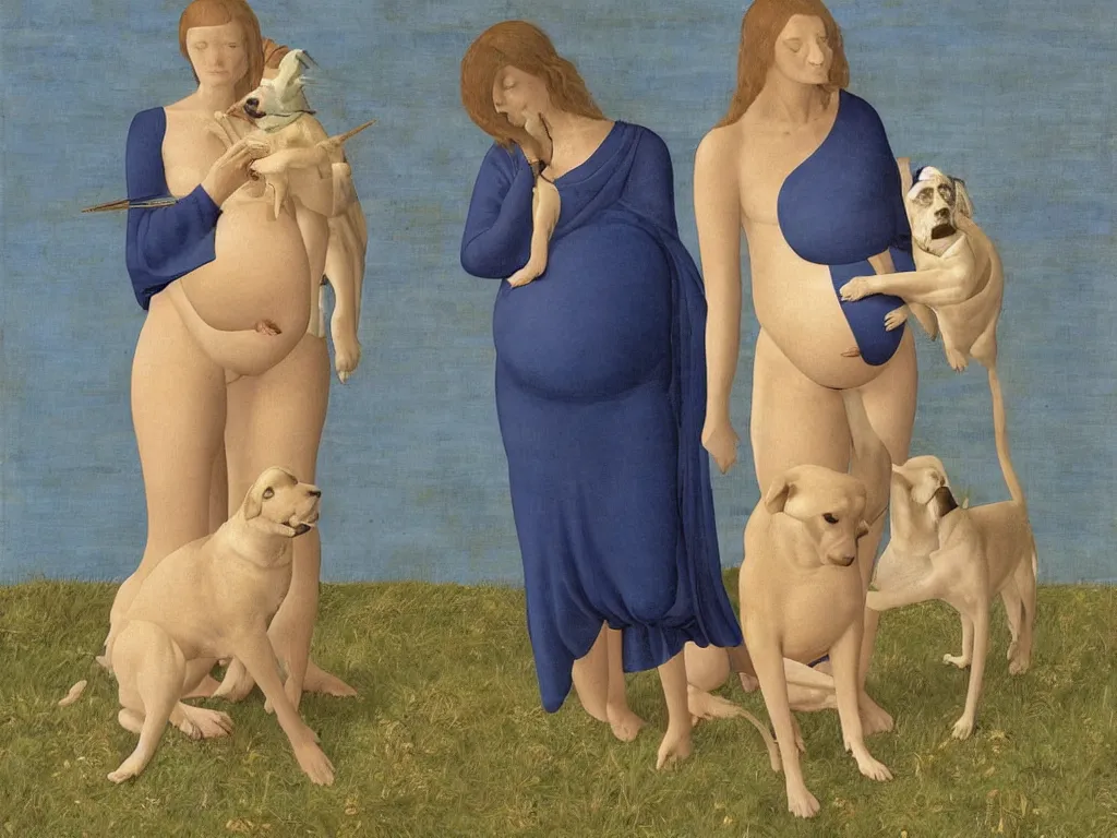 Prompt: Dog sitting on the lap of a pregnant woman, conch shell. Lapis lazuli. Painting by Alex Colville, Piero della Francesca