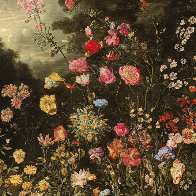 Prompt: a painting of flowers in a garden at night, a flemish baroque by jan van kessel the younger, intricate high detail masterpiece