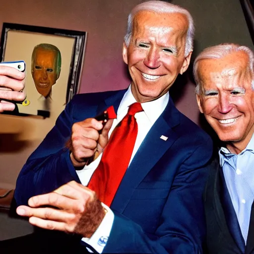 Prompt: earthworm Jim taking a selfie with Joe Biden