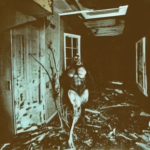 Image similar to 1 9 9 3, disposable camera, flash, old abandoned house, mutant flesh creature standing, meat, flesh, veins