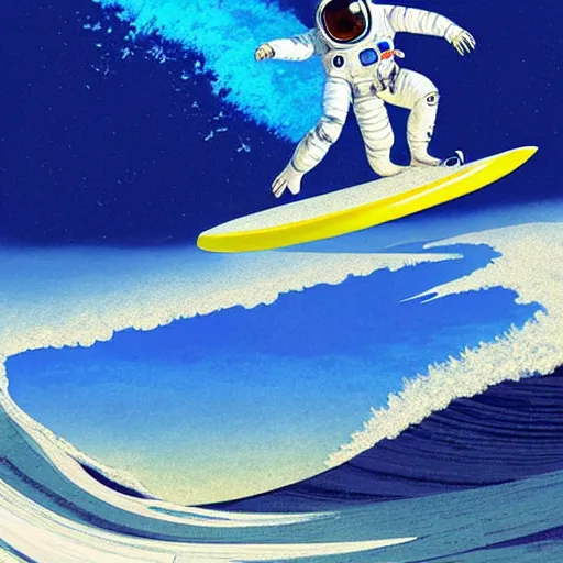 Image similar to a beautiful digital painting of an astronaut in a white and royal blue luxurious space suit surfing the great wave of Kanagawa on a chic surfboard at Pamukkale, thermal waters flowing down gold travertine terraces by greg rutkowski, antelope canyon walls protruding, award winning photo, trending on artstation, highly detailed, unreal engine, octane render