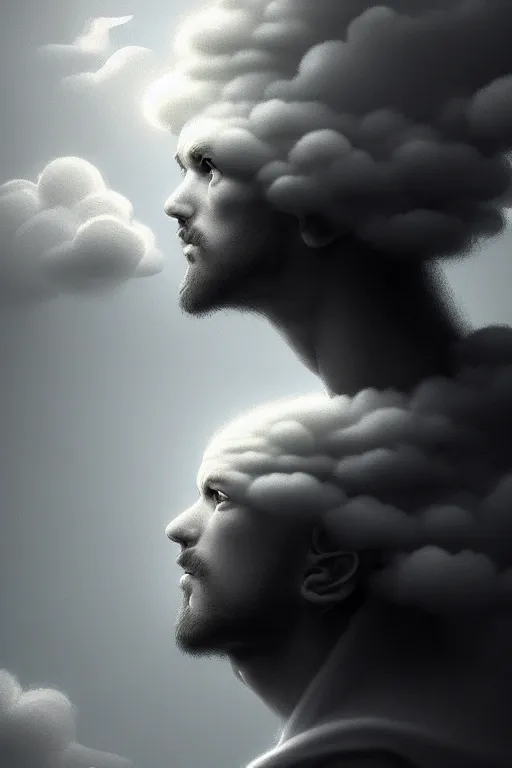 Prompt: of man with cloud head, in the style of etienne sandorfi, solarpunk, atmospheric, clean, intricate and epic composition, gray by caravaggio, insanely quality, highly detailed, masterpiece, white light, artstation, 4 k