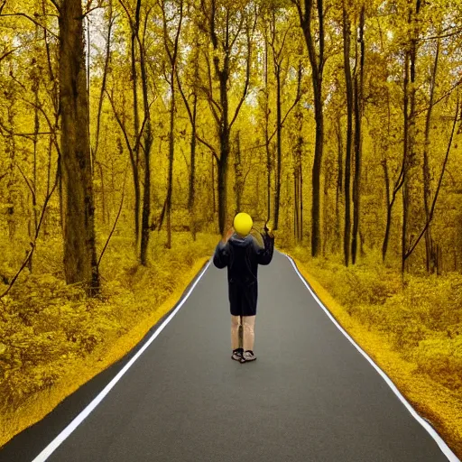 Prompt: hyperrealistic lonely road in the middle of the forest with a person in the middle wearing a yellow jacket
