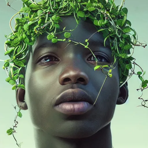 Prompt: colourful vfx art - portrait of nigerian boy wrapped in flowers & vines, art by zdzisaw beksinski & james jean, volumetric light, ray tracing, sharp, detailed, digital painting, illustration, highly detailed, intricate detail, unreal engine, octane render, global light, pinterest, behance, art station,