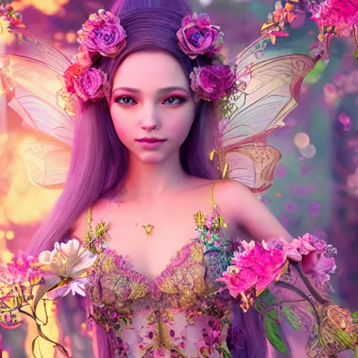 Prompt: portrait of fairy princess, beautiful, attractive, glowing, ornate and intricate, jaw dropping, dynamic lighting, colorful, fairy tale, intricate and detailed, 4 k octane render, flowers