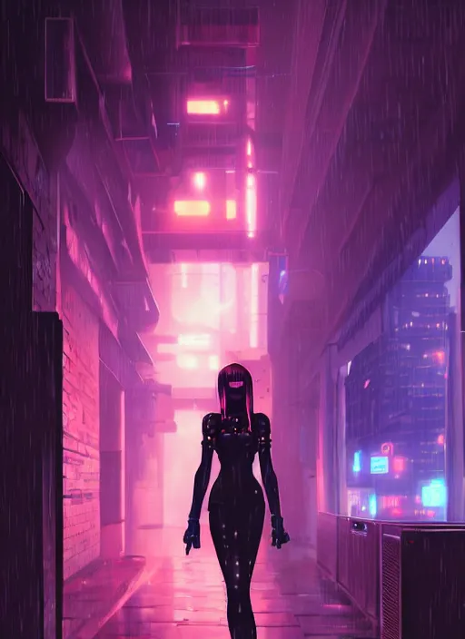 Prompt: cyberpunk anime woman, raining, in an alley at night back lit, by webang111 and Maciej Kuciara and Ilya Kuvshinov, trending on artstation