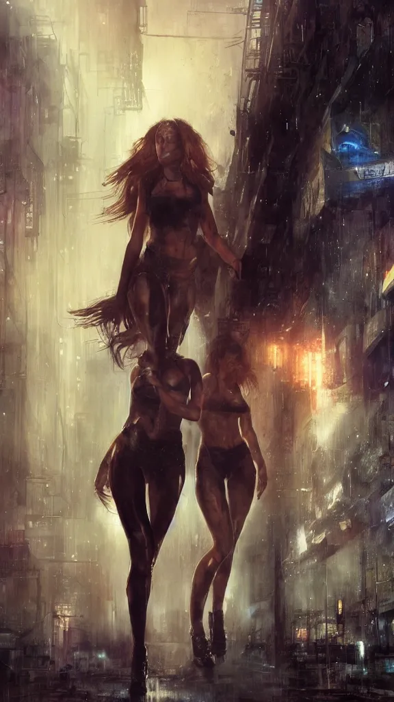 Image similar to bella thorne and megan fox, hyperrealistic full figure, bladerunner street, art of elysium by jeremy mann and frank frazetta, fantasy art, photo realistic, dynamic lighting, artstation, full figure poster, volumetric lighting, very detailed face, 4 k, award winning