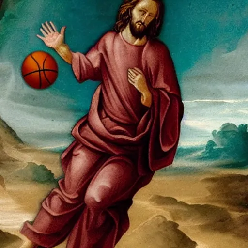 Prompt: a fresco of Jesus playing basketball while walking on water