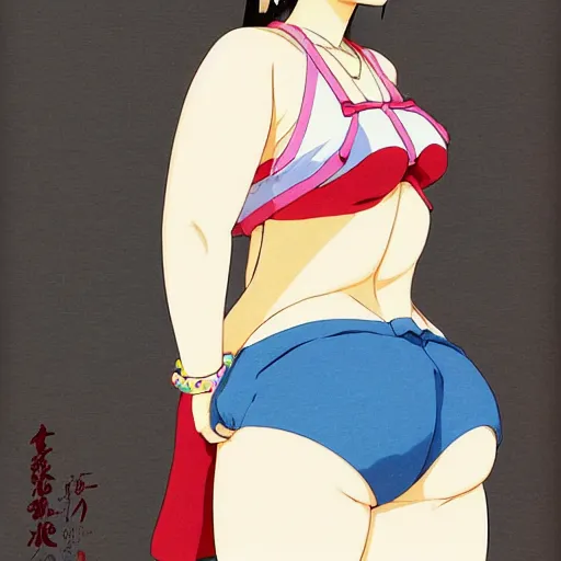 Image similar to a beautiful plus sized model japanese natalie portman, alluring plus sized model, wearing mayan leotard with elegant mayan apron overalls, street fashion hip hop style with mayan patterns, aztec street fashion, gapmoe yandere grimdark, trending on pixiv fanbox, painted by greg rutkowski makoto shinkai takashi takeuchi studio ghibli, akihiko yoshida