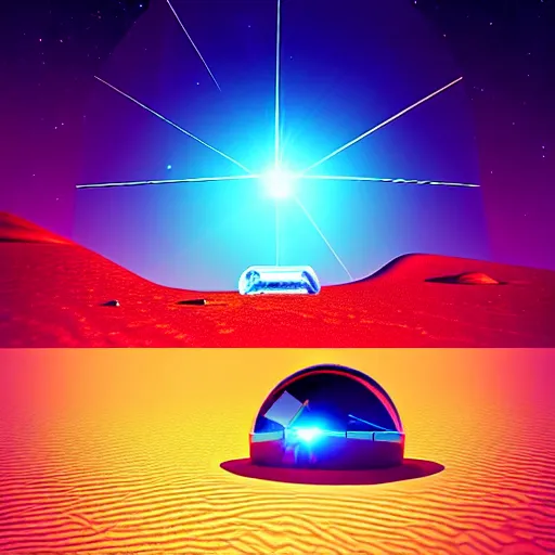 Image similar to poster big crystal in the desert, reflection from the crystal is sparkling due to sun, small starship near, futuristic, hi-tech details, style jean giraud, hyperdetailed, cinematic, unreal engine