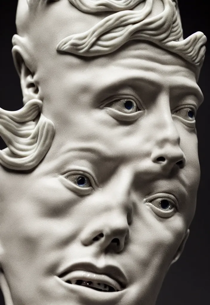 Image similar to David Bowie , A Close up photo-real delicate ceramic porcelain sculpture of a symmetrical ornate detailed in front of an intricate background by Victo Ngai and takato yamamoto, micro detail, backlit lighting, face in focus, subsurface scattering, translucent, thin porcelain, octane renderer, colorful, physically based rendering, japanese pottery, trending on cgsociety