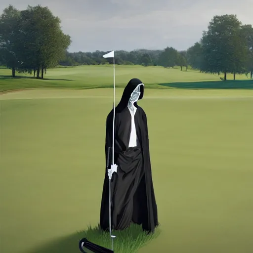 Image similar to the grim reaper standing stoic in black robe, waiting patiently, on a golf course while people play golf, perfect composition, by edmond leighton, simon stalenhag