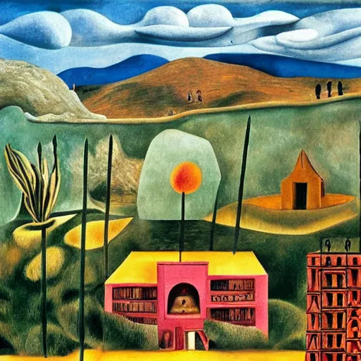 Prompt: a building in a stunning landscape by frida kahlo