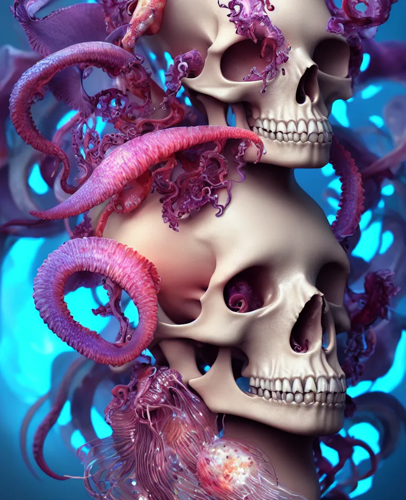 Image similar to goddess close - up portrait human skull, ram skull, squid phoenix jellyfish, orchid, betta fish, bioluminiscent, intricate artwork by tooth wu and wlop and beeple. octane render, trending on artstation, greg rutkowski very coherent symmetrical artwork. cinematic, hyper realism, high detail, octane render, 8 k