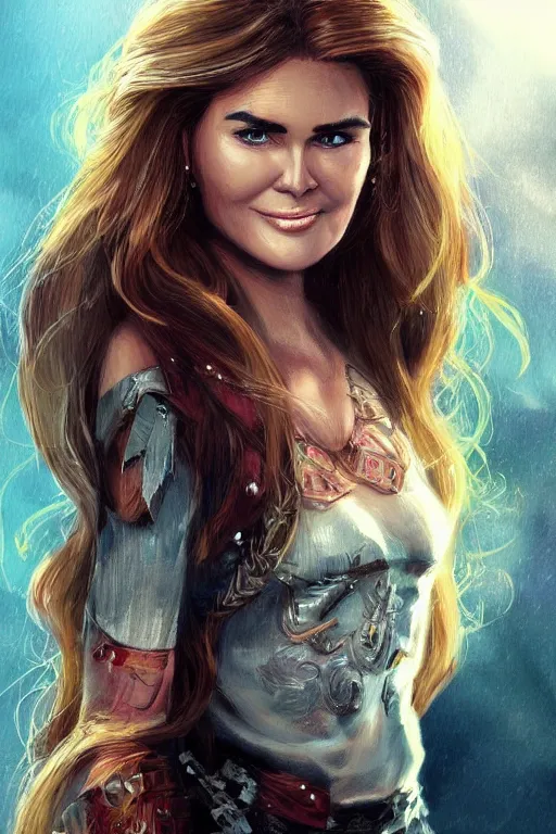 Image similar to mix of beautiful young maria shriver, mariel hemmingway, brooke shields, nicole kidman and elle macpherson as a young amazon warrior, thin lips, hair tied up in a pony tail, dark blonde hair, colorful, artstation, cgsociety