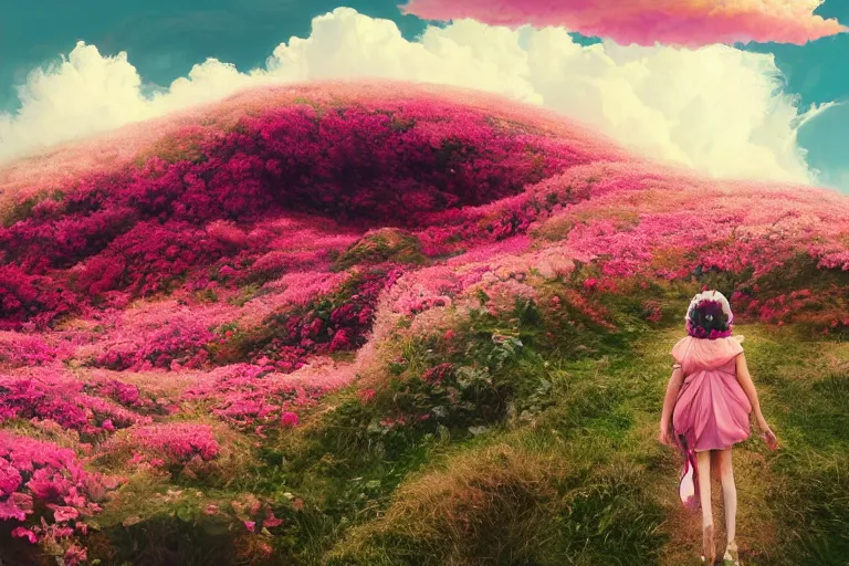 Prompt: a giant dahlia flower crown head, girl walking on mountain, surreal photography, pink storm clouds, dramatic light, impressionist painting, digital painting, artstation, simon stalenhag