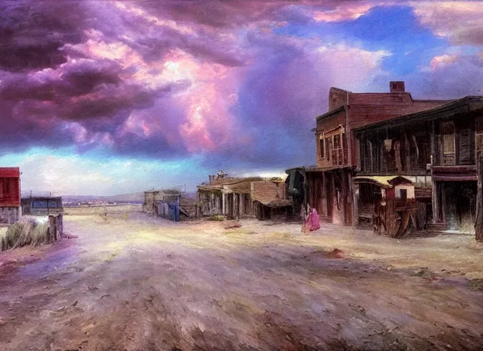 Image similar to oil painting of american old west town, harbour, dramatic storm clouds, dusty street, sunrays, dramatic, very very very beautiful art, cinematic lighting, romanticism by goya, bright art, pastel color, pink and blue sky, sunny summer day, tall mountains