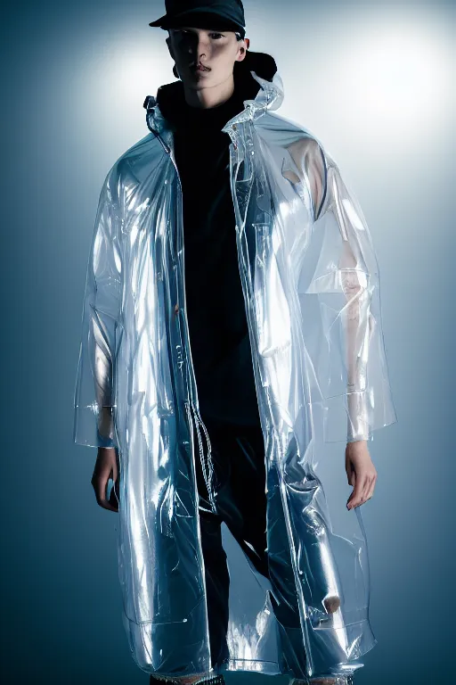 Image similar to an ultra high definition professional high fashion portrait studio full length photograph of a male model wearing a transparent pearlescent raincoat and neon visor laying down on the floor of an icelandic black rock environment at dawn. no artefacts. extremely detailed. stark. refraction. shallow depth of field. volumetric light and shadow. ray tracing. light rays.