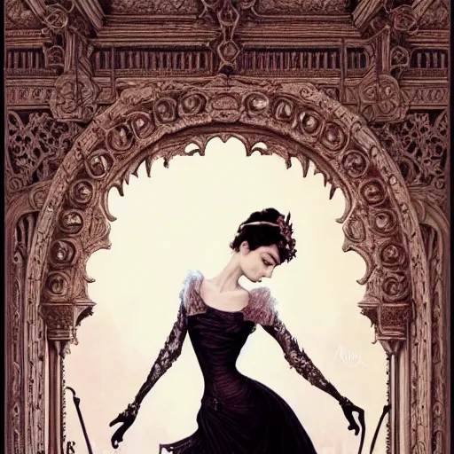 Image similar to audrey hepburn in an epic victorian novel, inside an ornate castle, intricate, elegant, highly detailed, digital painting, artstation, matte, illustration, art by artgerm, greg rutkowski, loish, rhads, ferdinand knab, makoto shinkai, lois van baarle, ilya kuvshinov, rossdraws, tom bagshaw