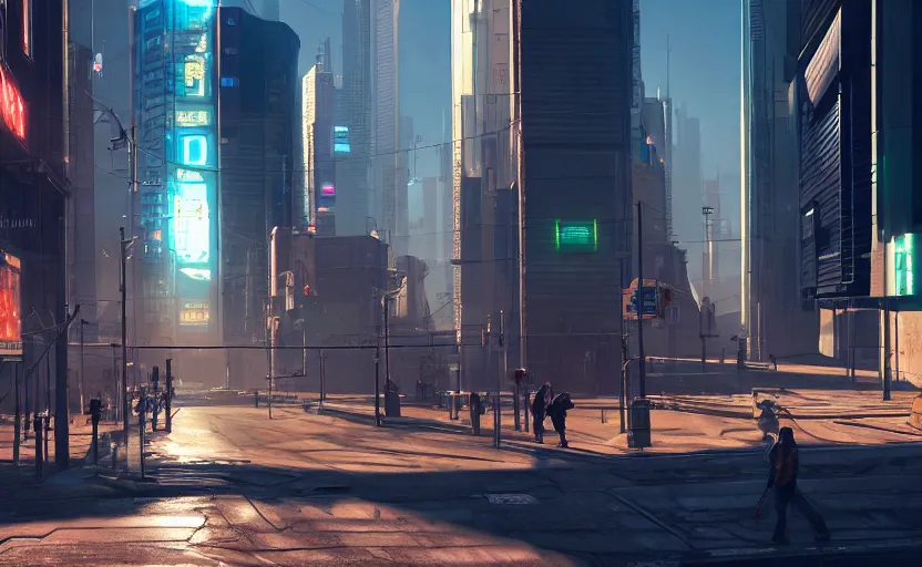 Image similar to photorealistic cyberpunk city streets. daylight. sunlight. lens flare. light fixtures. 8 k. detailed. photorealism. artstation. 2 5 mm f 1. 7 a