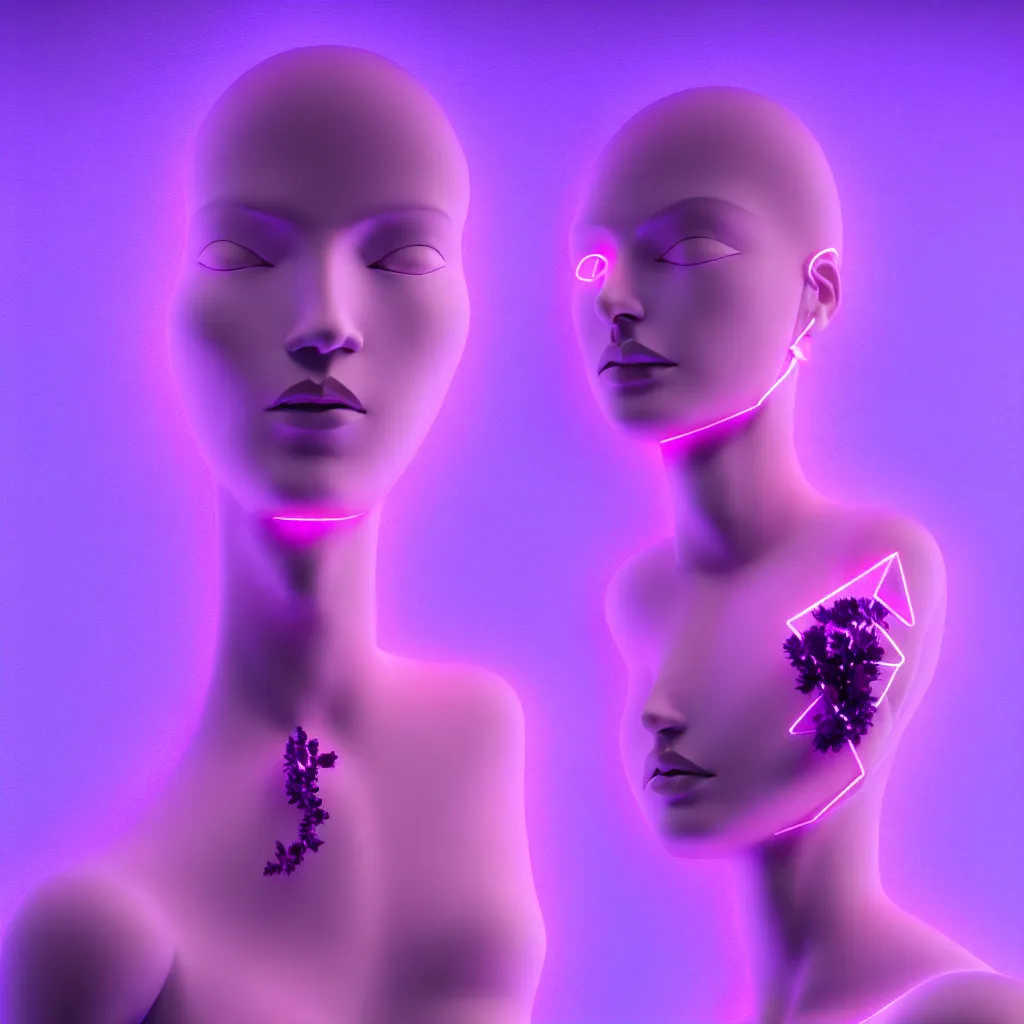 Prompt: beautiful mannequin sculpted out of amethyst by billelis + lit with 3 d geometric neon + facing a doorway opening with neon pink geometric fractal light + flowering hosta plants!!!, moon in background!!, moody, dramatic, rule of thirds, confident, award winning, 4 k, trending on artstation, photorealistic, volumetric lighting, octane render