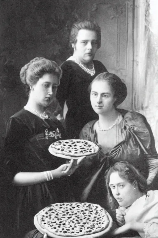 Image similar to historical photo of queen margherita ( savoy ) sharing a pizza! margherita with her friends, full body, portrait photo, diffuse light, acclaimed masterpiece