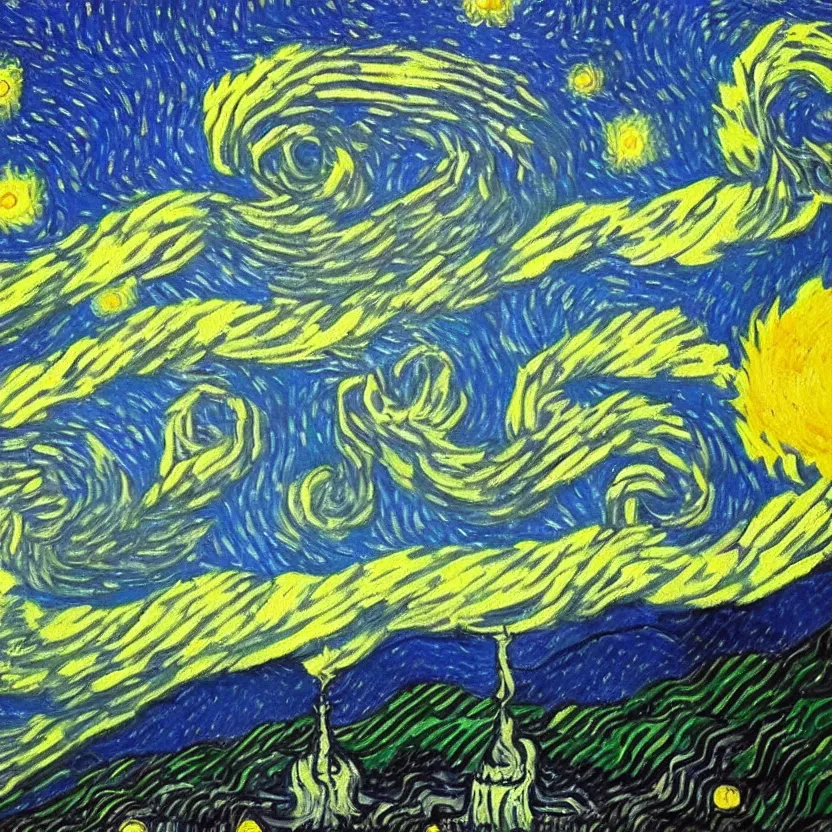 Image similar to An oil painting of the Indian god Shiva in the style of Starry Night by Vincent van Gogh